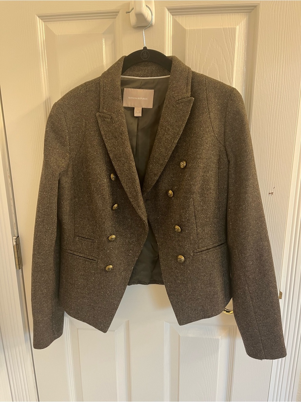 Banana Republic Army Green Tweed Double-Breasted Blazer with Gold Buttons